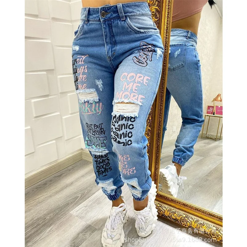 Top Trends: Casual Female High Waist Skinny Hole Denim Pants Streetwear Women Elegant Fashion Letter Print Cutout Ripped Cuffed Jeans Shoppable Styles