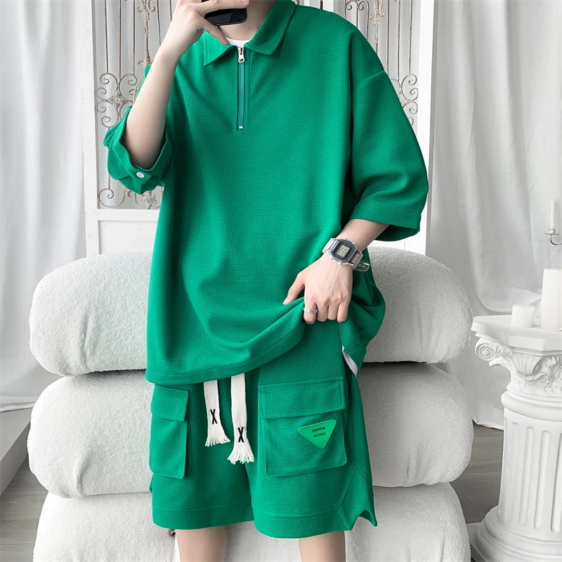 Top Trends: Short Sleeve Polo Shirts+ Shorts Fashion Waffle Loose Casual Men's Sets Simple Turn Down Collar Streetwear Green Plus Size 5XL-M Shoppable Styles