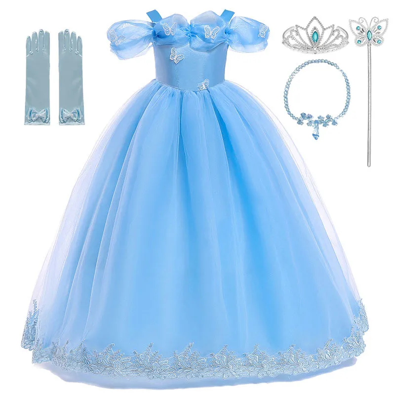 Top Trends: Girls Cinderella Dress Up Costume With Butterflies Kids Blue Sleeveless Princess Party Dress Children Halloween Cosplay Dresses Shoppable Styles