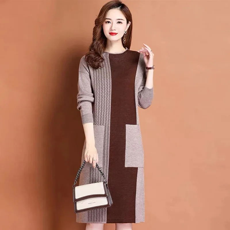 Top Trends: Women's Contrast Style Patchwork Knitted Dress Winter Fashion Inside Pockets Loose Thick Wool Sweater Dresses Shoppable Styles - Image 5