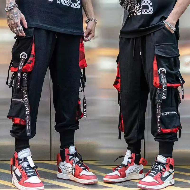 Top Trends: Classic Streetwear Hip Hop Joggers Men Letter Ribbons Cargo Pants Pockets Track Tactical Casual Male Trousers Sweatpant KZ99 Shoppable Styles