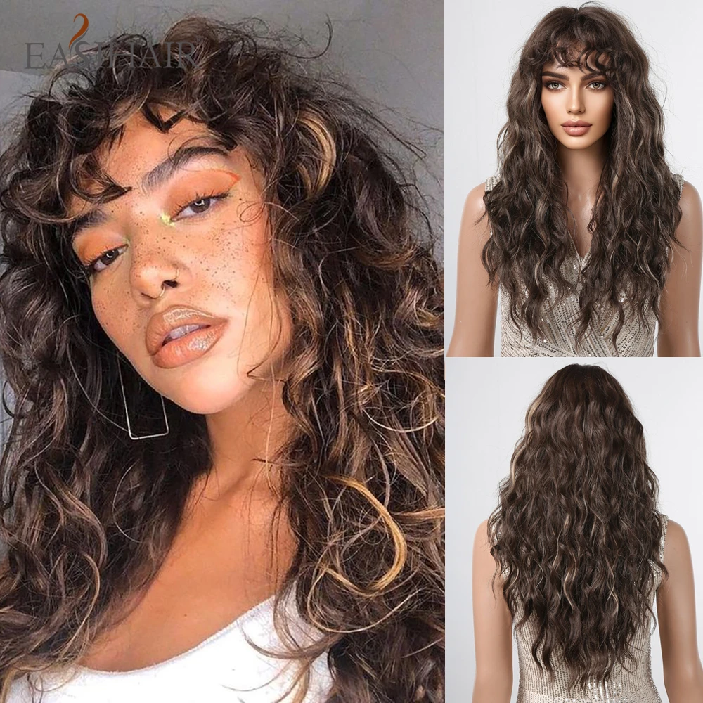 Top Trends: EASIHAIR Brown Black Kinky Curly Wave Synthetic Wigs With Bangs Deep Wave Long Hair Wigs For Women Daily Cosplay Heat Resistant Shoppable Styles