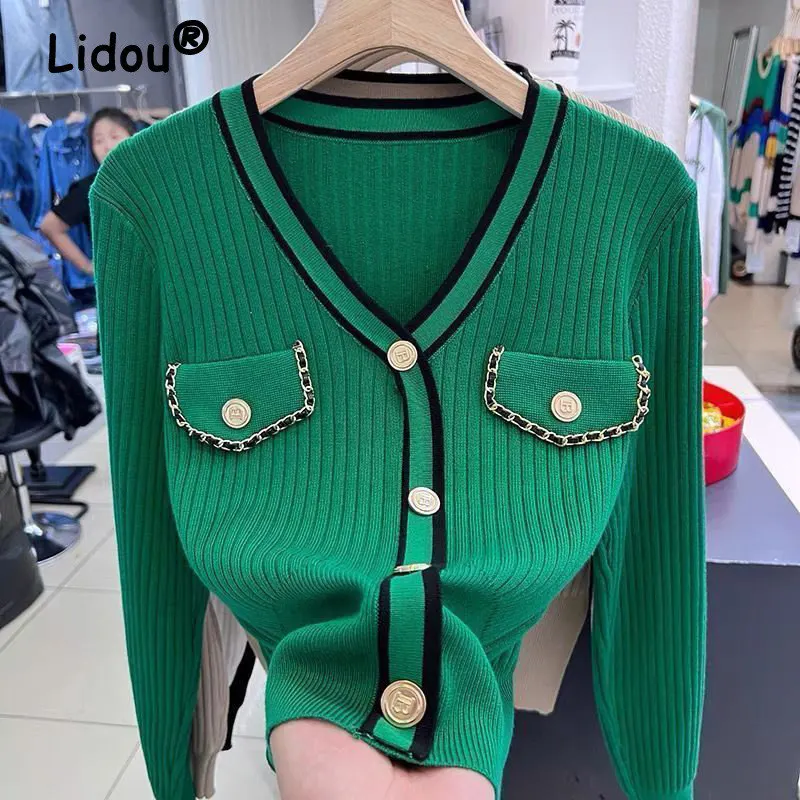 Top Trends: Spring Autumn Elegant Fashion Chic Sweet Contrast Color Knitwear Women Casual V Neck Slim Pullovers Knitted Sweater Tops Jumpers Shoppable Styles