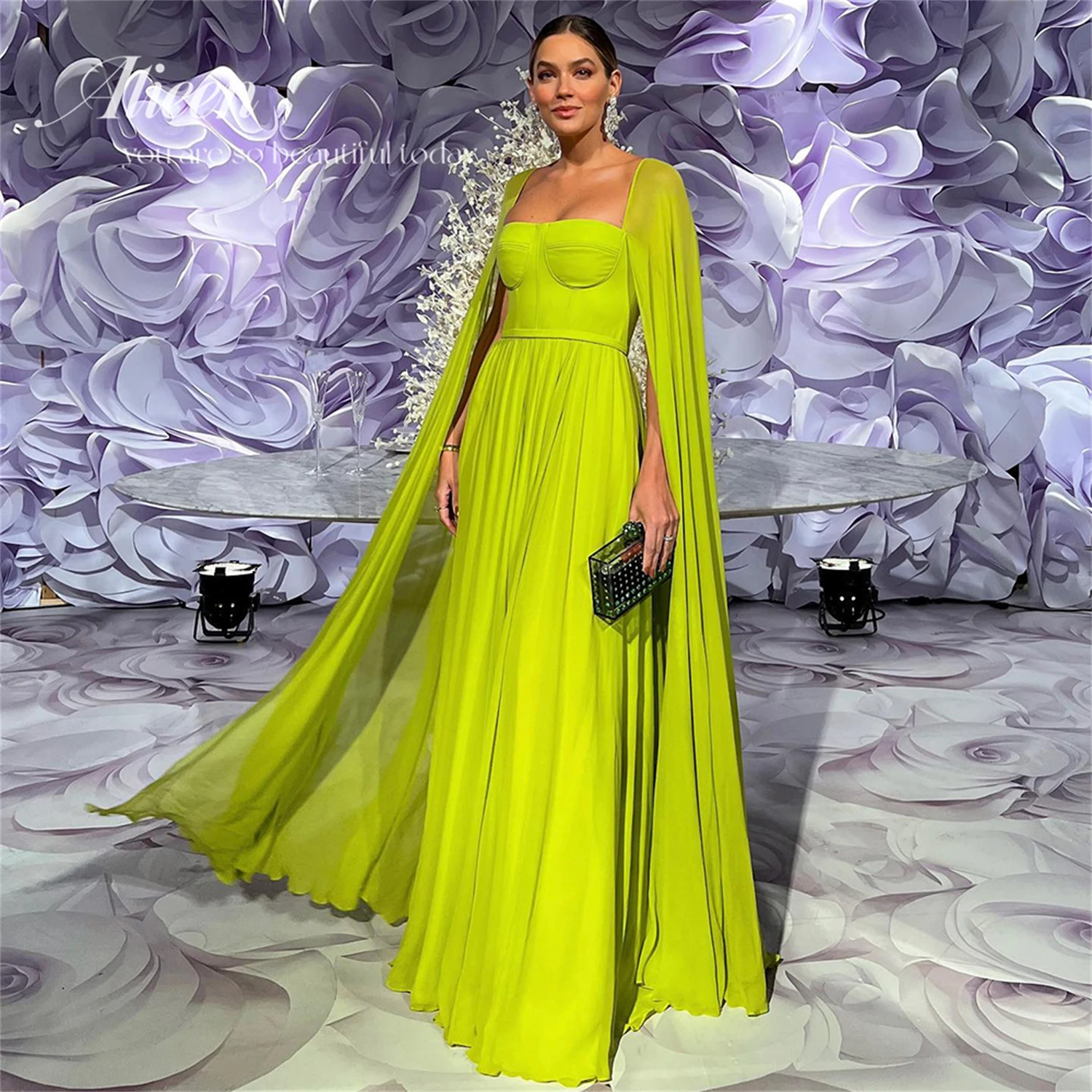 Top Trends: Aileen Said Saudi Arabic Lemon Yellow Dubai Evening Dresses With Cape Sleeves Elegant Women Wedding Party Formal Gowns Shoppable Styles