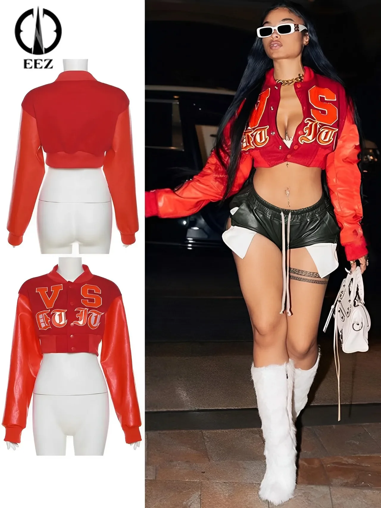 Top Trends: Letter Embroidery Red Coat PU Leather Patchwork Bomber Jacket Women Long Sleeve Buttons Slim Crop Tops Baseball Coat Outwear Y2K Shoppable Styles