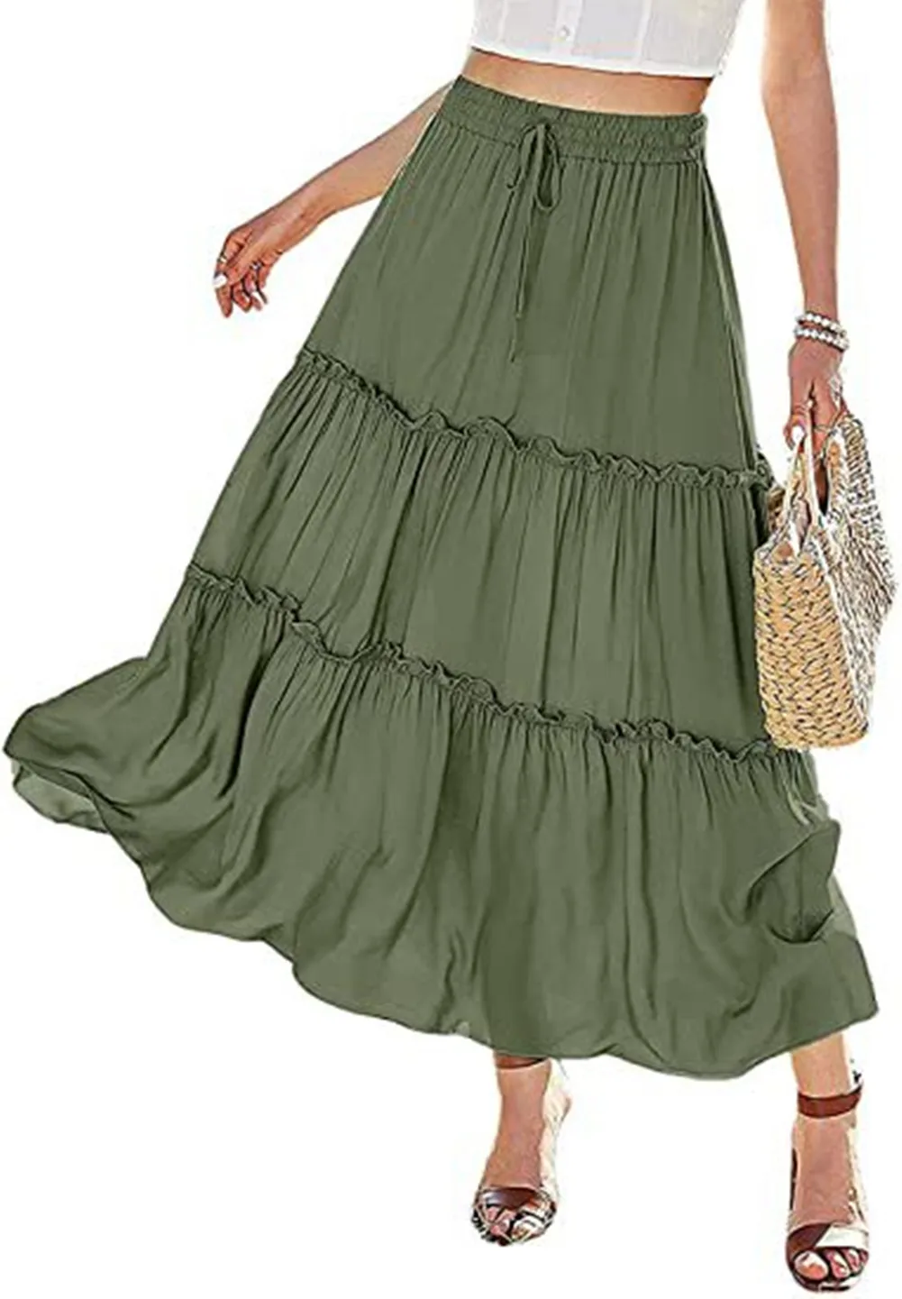 Top Trends: Women Chiffon Pleated Skirt Large Hem High Waist Elastic Patchwork Cake A-line Skirt Boho Swing Beach Vintage Long Maxi Skirt Shoppable Styles