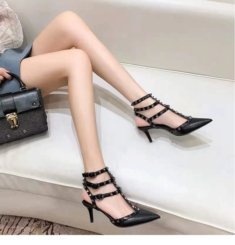 Top Trends: 2023 Brand Summer Genuine Leather Women&#039;s Sandals Classic Rivet Pointed High Heels Sexy Luxury Pumps Wedding Party Shoes Shoppable Styles