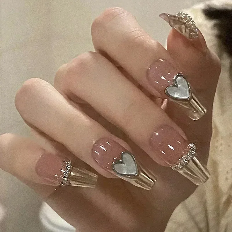 Top Trends: 24Pcs Three-dimensional Love Heart False Nails With French Design Long Coffin Wearable Fake Nails Rhinestone Press On Nails Tips Shoppable Styles