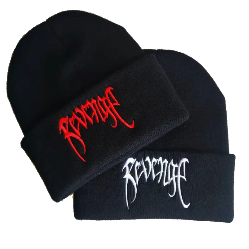 Top Trends: 1Pcs Black Knitted Hats Embroidery Autumn Winter Cap Revenge Beanie Hat Red Logo / White Logo For Men Women Keep Warm Shoppable Styles