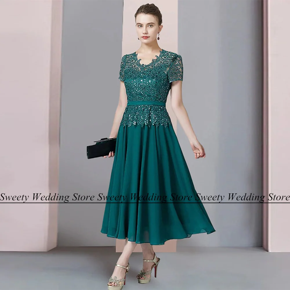 Top Trends: Jiayigong Emerald Green V Neck Mother Of The Bride Dress Short Sleeves Beads Lace Tea Length Chiffon A Line Wedding Guest Gown Shoppable Styles