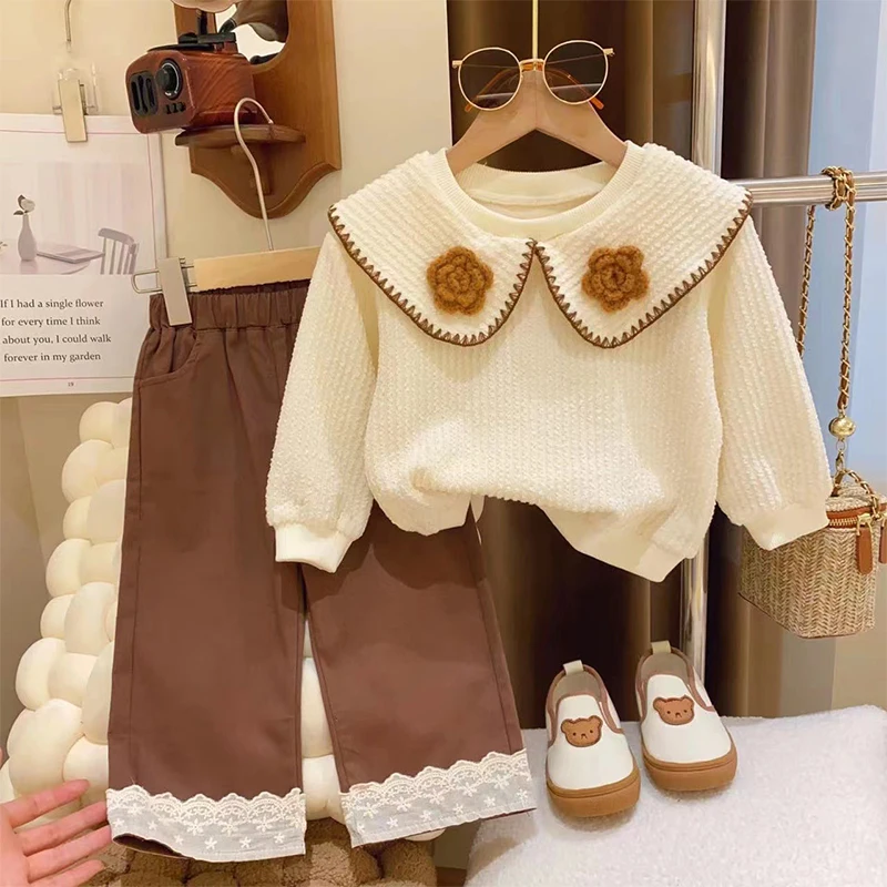 Top Trends: Children Clothes Two Piece Set Korea 2023 Cotton Turn-Down Collar Top Wide Leg Pants Boutique Outfits Suit For Girl Fashionable Shoppable Styles