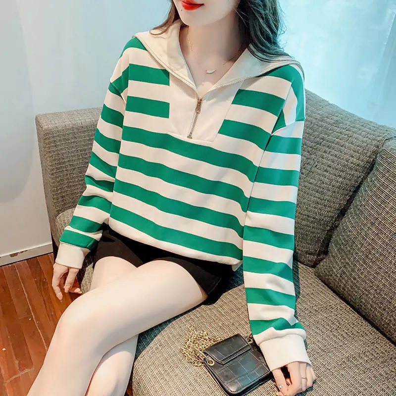 Top Trends: Fashion Sailor Collar Zipper Casual Striped Sweatshirts Female Clothing 2023 Autumn Winter All-match Tops Korean Sweatshirts Shoppable Styles