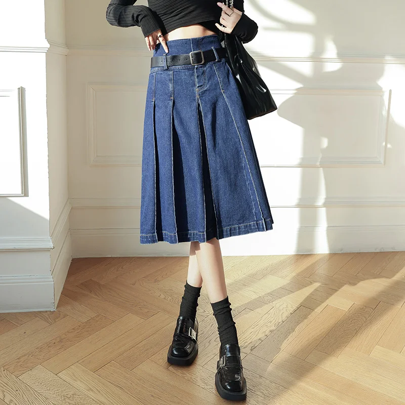 Top Trends: New Women Denim Pleated Skirt Summer Vintage Fashion High Waist A-Line Jeans Skirt Casual All-match Blue Skirt Knee-Length Shoppable Styles