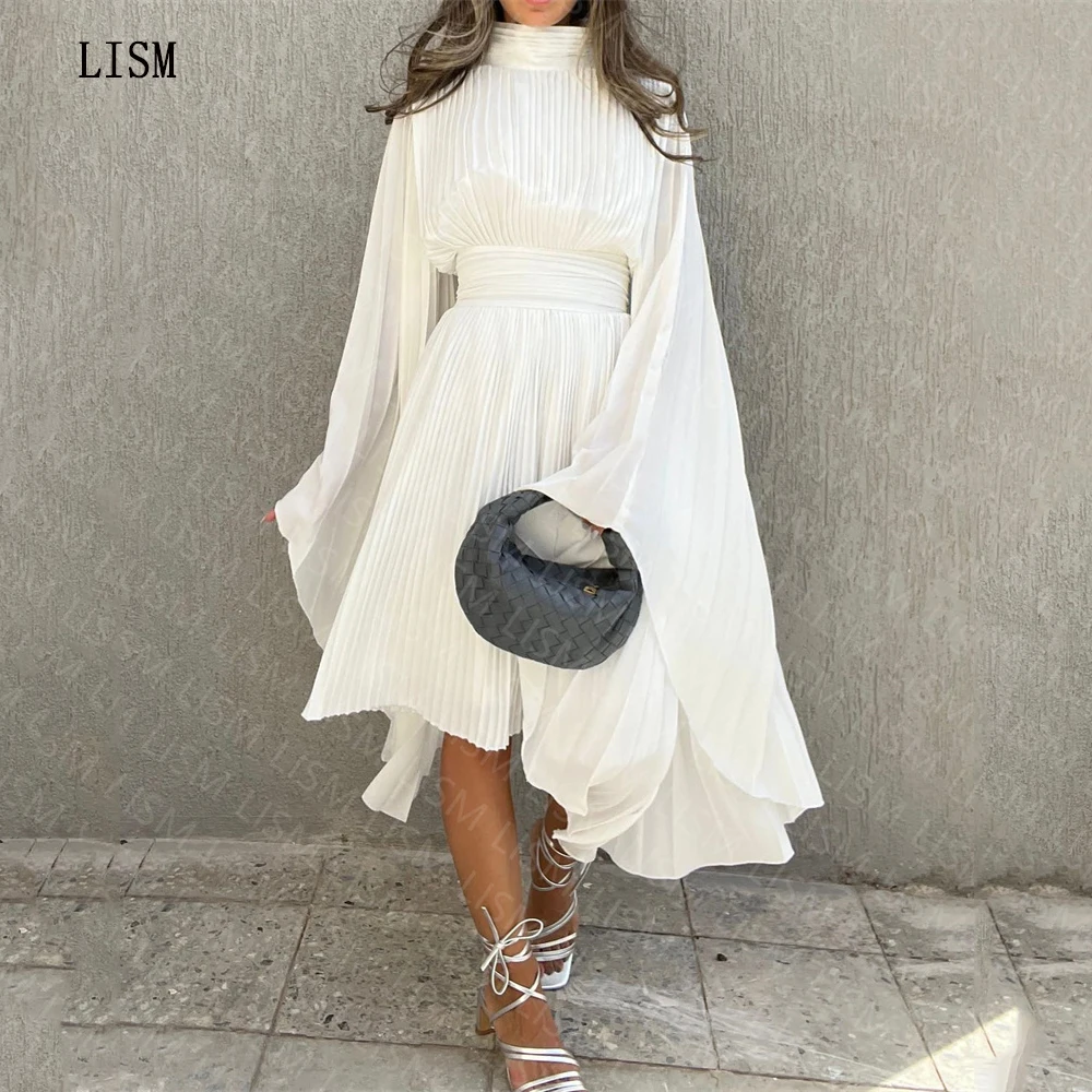 Top Trends: LISM White A-line High Neck With Full Sleeves Knee-length Zipper Back Pleated Formal Occasion Party Dress Saudi Arabic Prom Gown Shoppable Styles