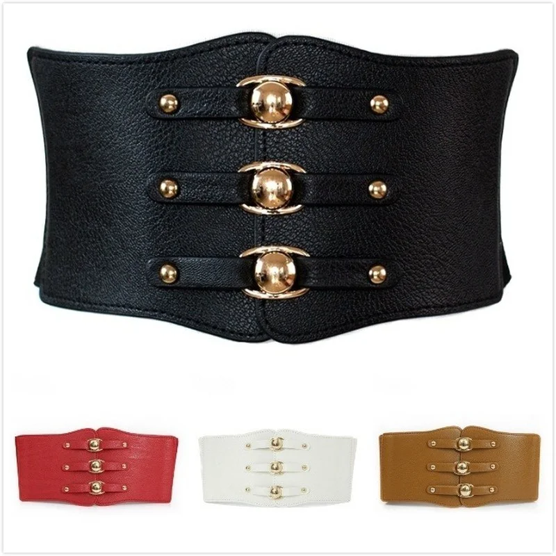 Top Trends: Fashion Women Wide Belt New Metal Buckle Women Elastic Waistband Leather Rivet Ultra Wide Belt Elastic Belts For Woman Shoppable Styles