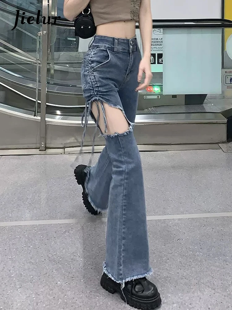 Top Trends: Jielur Blue Holes Bow Lace-up Vintage Women Jeans High Waist Slim Sexy Zipper Casual Fashion Female Streetwear Chic Flare Pants Shoppable Styles