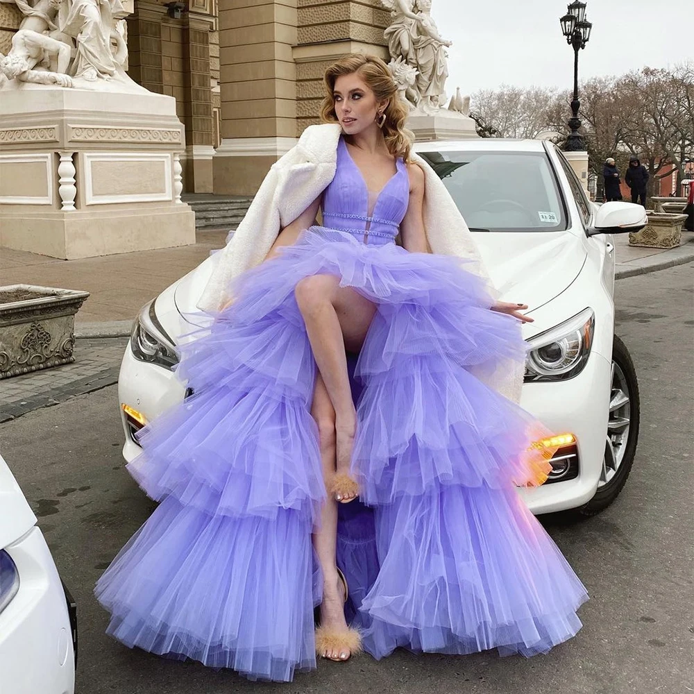 Top Trends: Xijun Lavender Tiered Ruffles Tulle Evening Dresses V-Neck Sleeveless Pleat Ruched Prom Dress Wedding Party Gowns 2023 Shoppable Styles