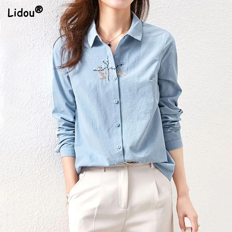 Top Trends: All Season Straight Turn-down Collar Flowers Graphic Thin Office Lady Casual Blouses Women&#039;s Clothing 2022 Embroidery Fashion Shoppable Styles