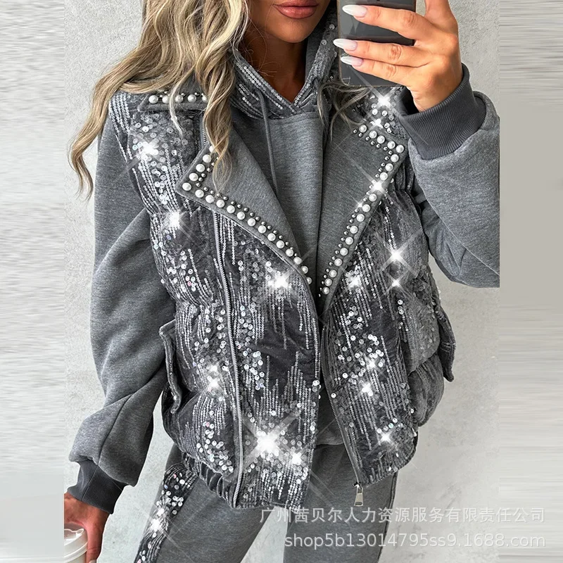 Top Trends: Contrast Sequin Pearls Vest Puffer Coat Autumn Elegant Women Y2K Chic Clothes Long Sleeve Gliter Zipper Jacket Outwear Shoppable Styles