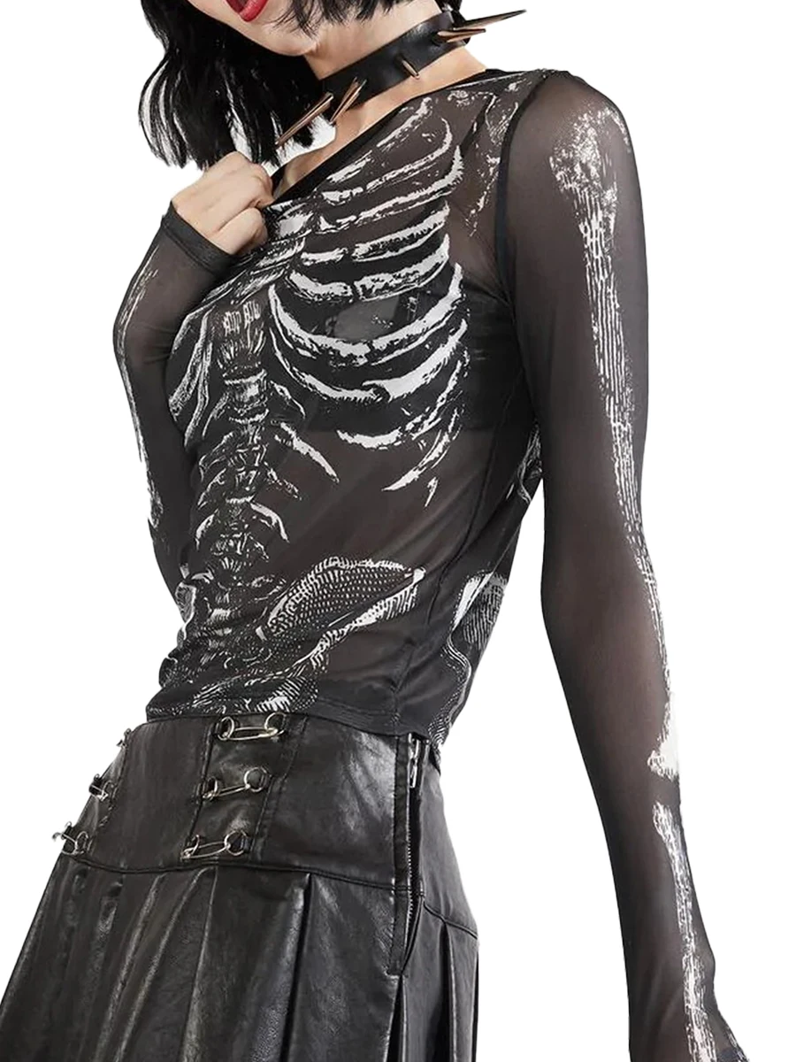 Top Trends: Women S Sheer Crop Tops Y2k Gothic Long Sleeve See Through Spider Skull Print Mesh Top Sexy Halloween Shirts Shoppable Styles