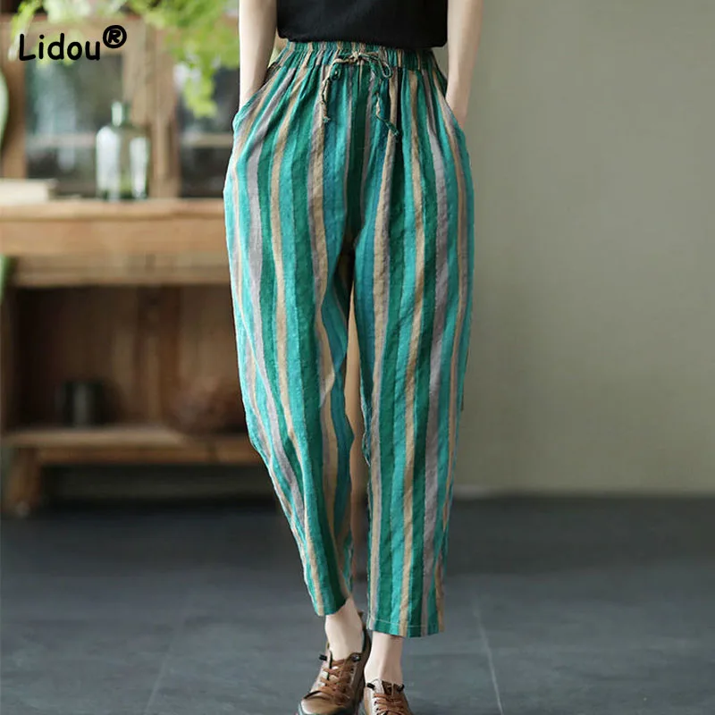 Top Trends: Vintage All-match Elastic Waist Striped Cropped Pants Female Summer Fashion Cotton Linen Thin Casual Harem Pants Women Clothing Shoppable Styles