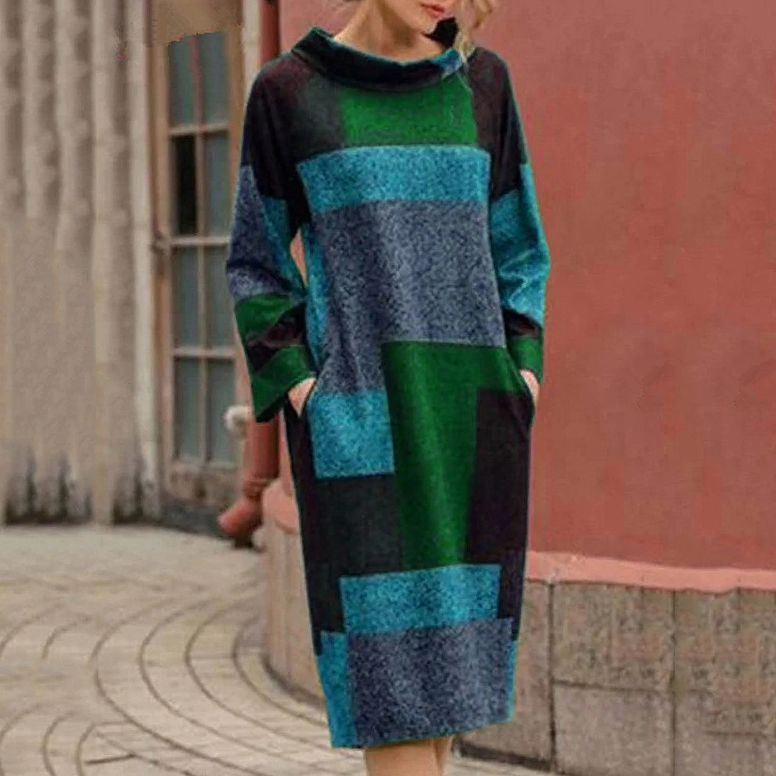 Top Trends: Vintage Patchwork Dress Lady Autumn Winter New Large Size Long-Sleeved Woman Sweatshirt Dresses Loose Mid-length Dress Robe Shoppable Styles