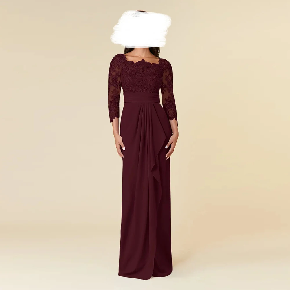 Top Trends: Burgundy Mother Of The Bride Dresses 3 / 4 Sleeve Lace Appliques Floor-Length Sheath Prom Gowns Modern Pleat Wedding Guest Dress Shoppable Styles