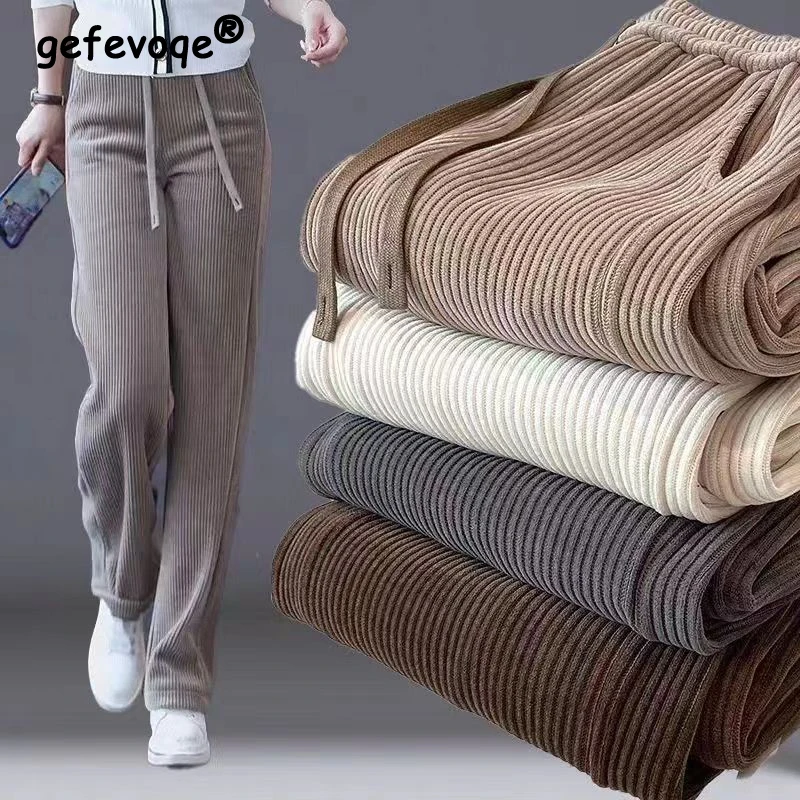 Top Trends: Autumn Winter Elastic Waist Loose Casual Wide Leg Corduroy Pants Female Add Velvet Fashion All-match Trousers Women's Clothing Shoppable Styles