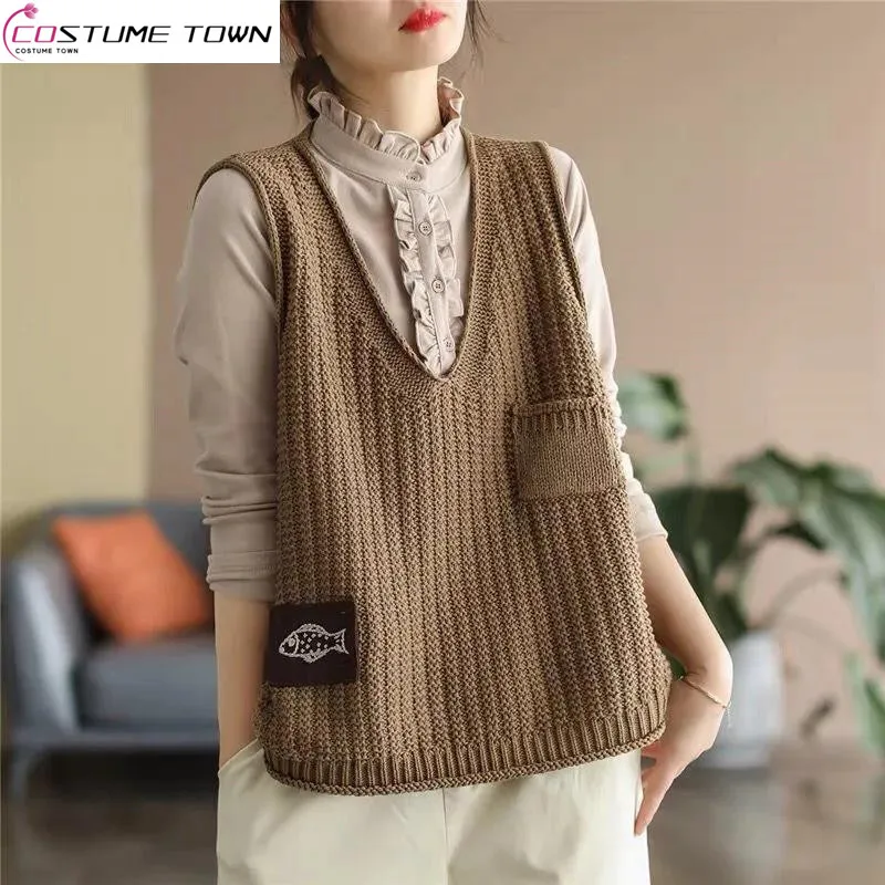 Top Trends: Vintage Label V-neck Knitted Vest For Women&#039;s Spring And Autumn 2023 New Korean Version Oversized Casual Pullover Vest Shoppable Styles