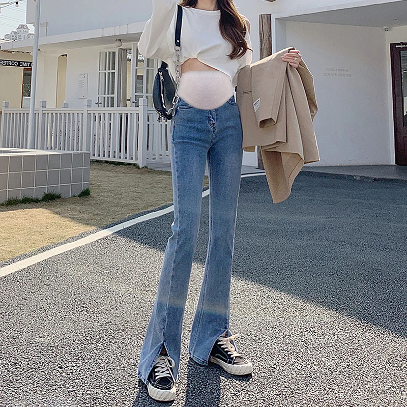 Top Trends: Summer Maternity Pants Clothing Pregnant Woman Pregnancy Clothes High Waist Elastic Denim Flare Jeans Grossesse Women Trousers Shoppable Styles