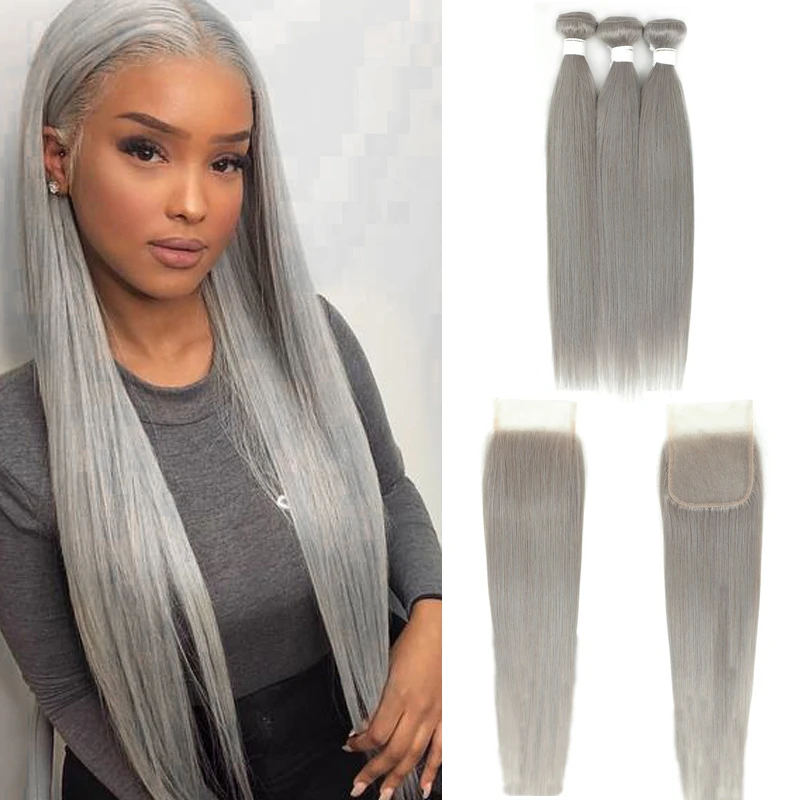 Top Trends: Brazilian Straight Bundle With Closure 4x4 Silver Grey Color 3 Bundles With Closure Gray Remy 100% Human Hair Bundles KEMY HAIR Shoppable Styles