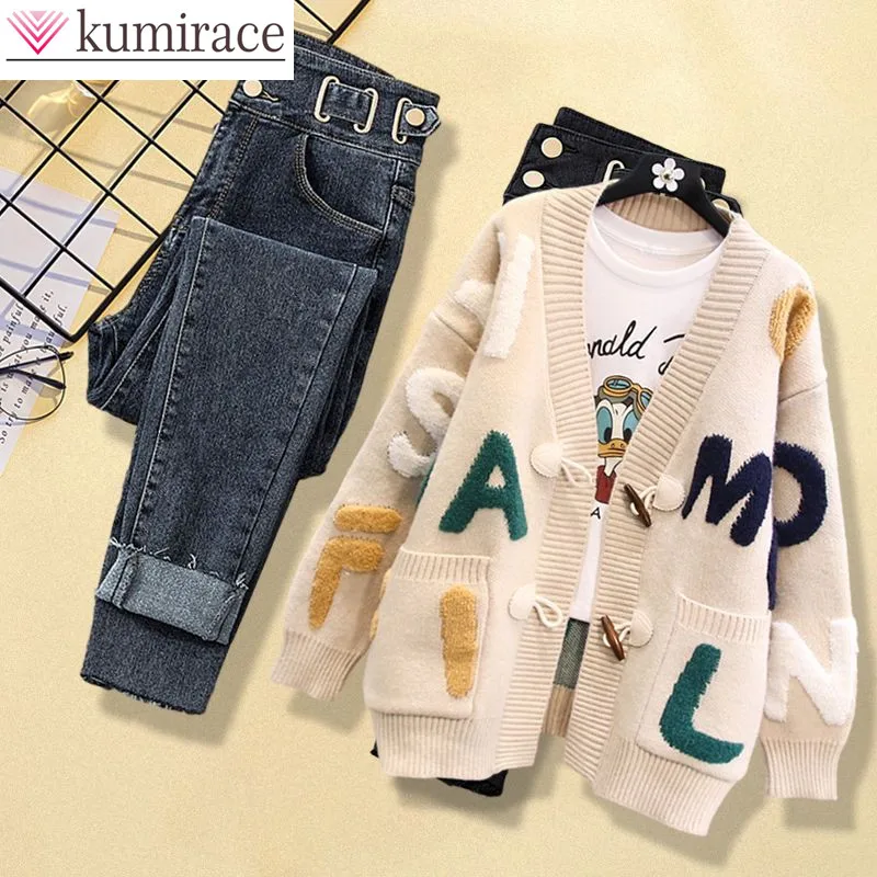 Top Trends: 2023 Winter New Personalized Letter Printing Knitted Sweater Cardigan Jacket Casual Jeans Two Piece Elegant Women&#039;s Pants Set Shoppable Styles