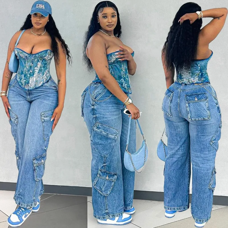 Top Trends: Casual Denim 3D Multi Pocket Cargo Pants Jeans Women Y2K Streetwear 2023 Autumn Solid Color High Waist Straight Leg Pants Shoppable Styles