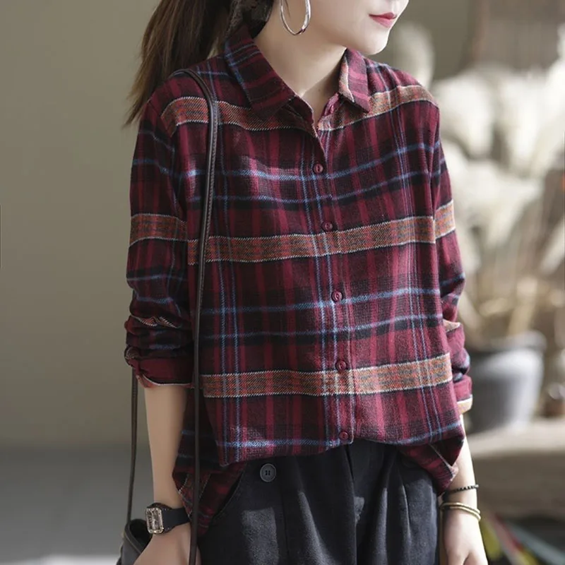 Top Trends: Vintage Printed Lapel Loose Korean Plaid Shirt Women&#039;s Clothing 2023 Autumn Winter New Oversized Casual Tops Long Sleeve Blouse Shoppable Styles