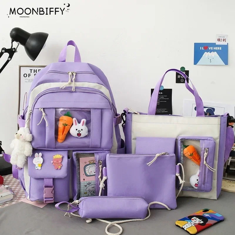 Top Trends: New 4 Pcs Sets Purple Colour Children's School Backpack Kawaii Women's Backpack Bookbag School Bags For Teens Girls Mochila Shoppable Styles