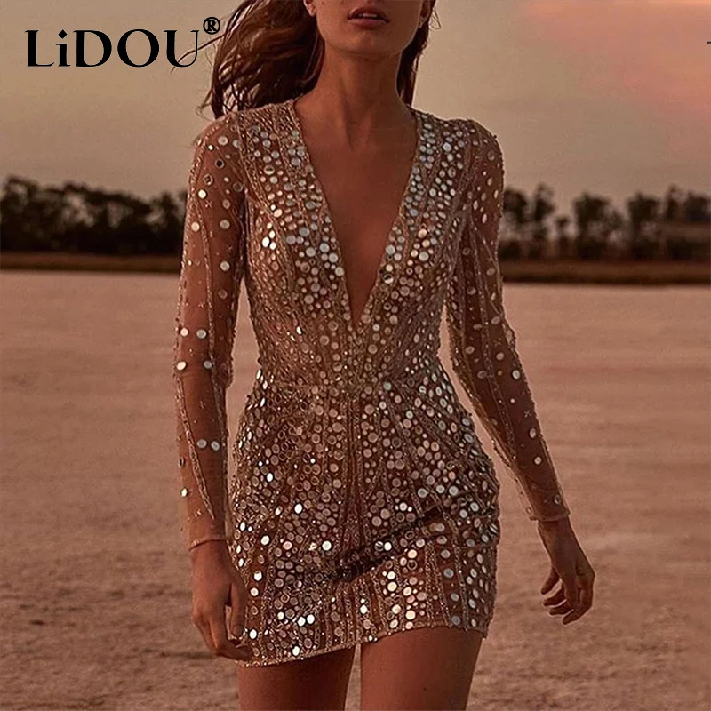 Top Trends: Spring Autumn Nightclub Fashion Sexy Deep V-neck Sequins Mini Dress Ladies Long Sleeve Elegant Evening Pencil Party Robe Dresses Shoppable Styles