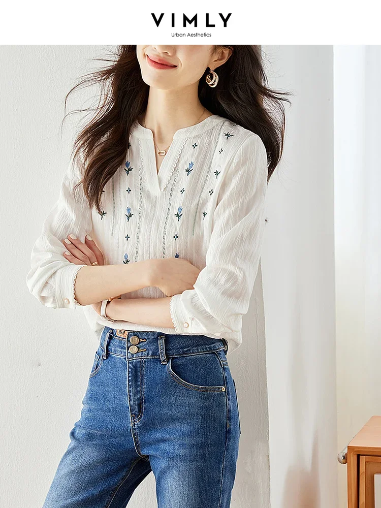 Top Trends: Vimly Floral Embroidered White Blouse Women Spring Autumn Long Sleeve Tops French Style Straight Casual Female Blouses M2552 Shoppable Styles - Image 4