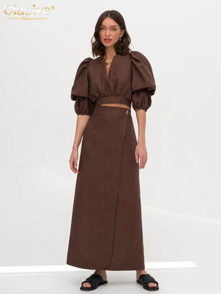 Top Trends: Clacive Fashion Loose Brown Linen 2 Piece Set Women Outfit Summer Long Sleeve Crop Shirt With High Waist Long Skirts Set Female Shoppable Styles