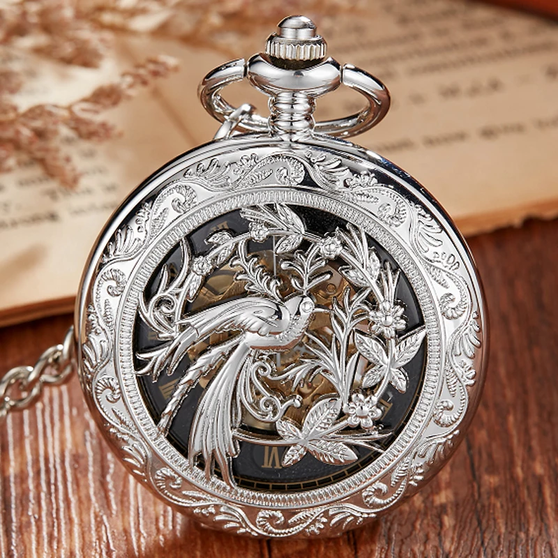 Top Trends: Bird Mechanical Hand Wind Pocket Watches Roman Numeral Dial Skeleton Mechanical Flip Watch Men Clock With Fob Chain Gift Box Shoppable Styles