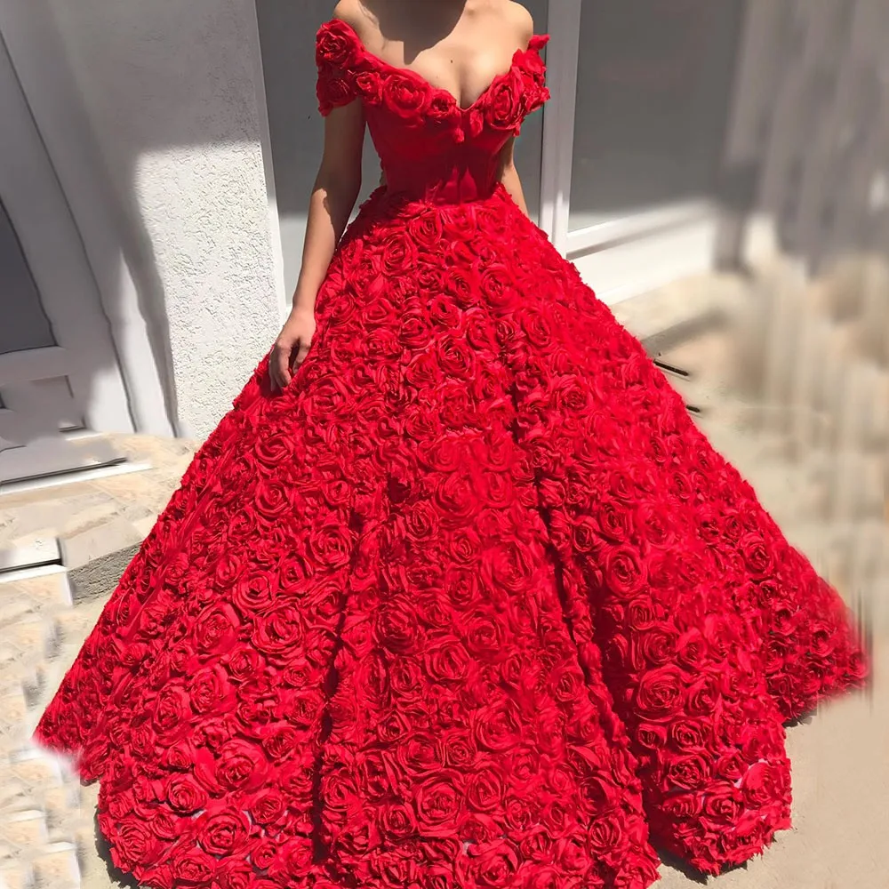 Top Trends: 2023 Sexy Red Evening Dresses Long Luxury V-Neck Off-The-Shoulder Puffy Ball Dress 3D Flower A-Line Elegant Formal Party Gowns Shoppable Styles