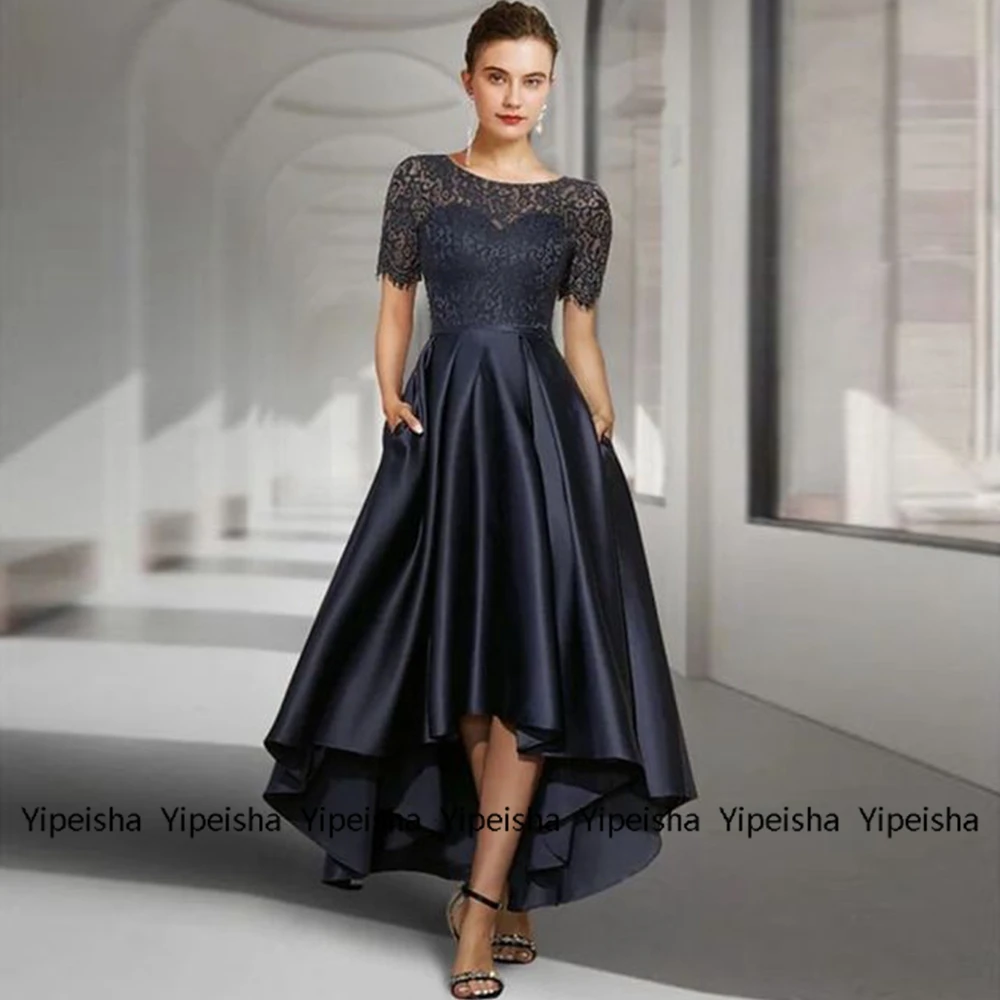 Top Trends: Yipeisha Satin High Low Mother Of The Bride Dresses Summer 2023 Short Sleeve Dark Navy Women Dress Lace Mère Formelle Robes New Shoppable Styles