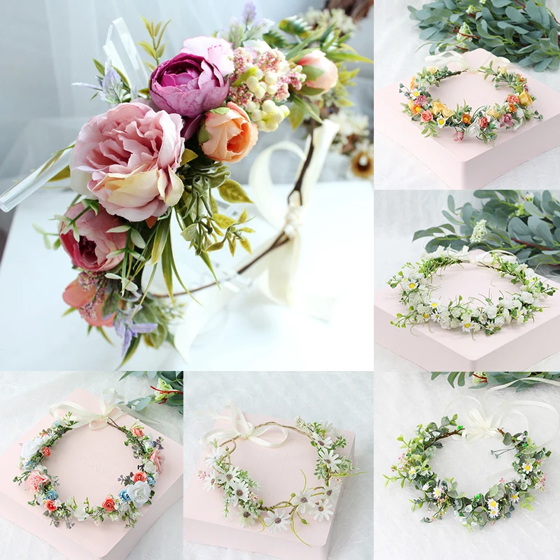 Top Trends: Wedding Floral Garland Headband Bride Flower Crown Bohemian Faux Rose Wedding Wreaths Braided Hair Vine Headpiece Hair Ornament Shoppable Styles