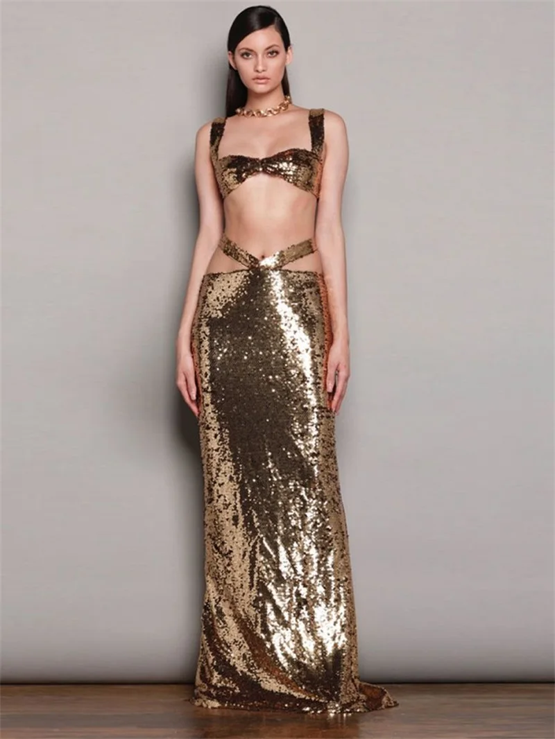 Top Trends: 2 Pieces Golden Set Summer Evening Dress Shiny Sequins Sexy Ins Hot Girl Holiday Long Prom Party Dress Beachwear Robe De Mariée Shoppable Styles