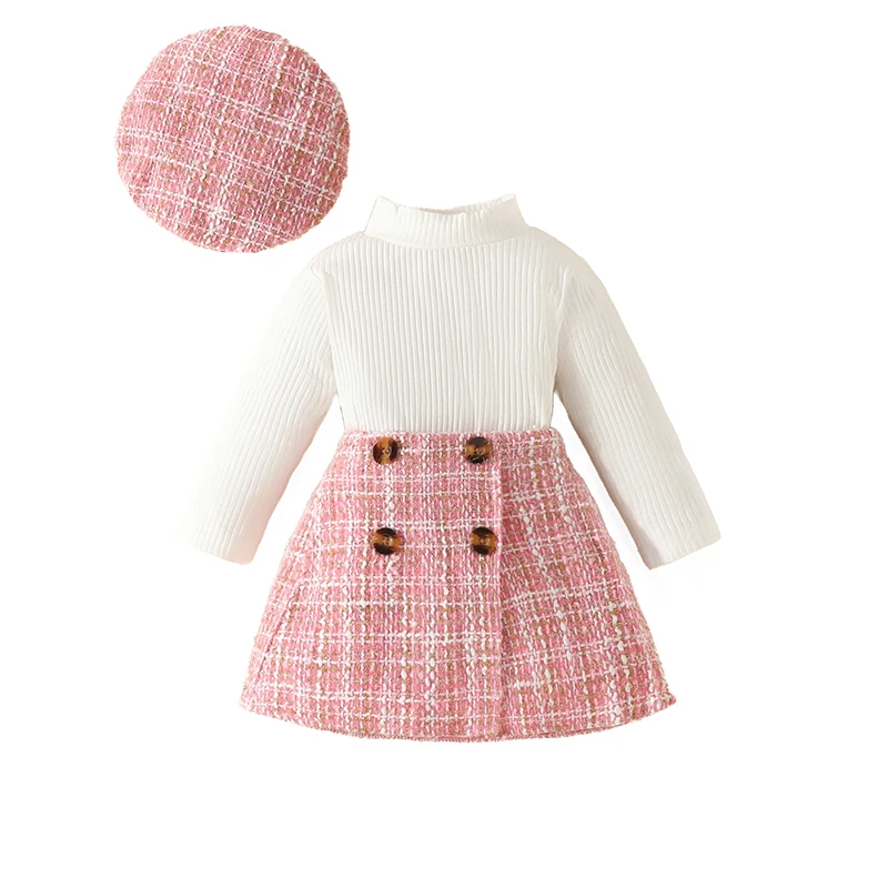 Top Trends: 3Pcs Outfits Fashion Baby Girl Clothes Turtleneck Tee Long Sleeve Tops Plaid Skirts With Hat Infant Toddler Girl 6Months-3Years Shoppable Styles