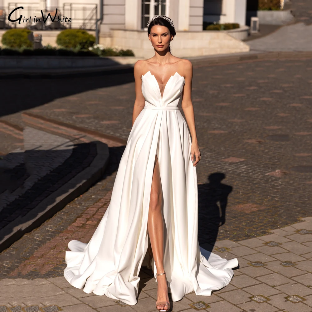 Top Trends: Simple Modern Satin Wedding Dress Sweetheart Sexy Slit Bridal Gown A-line Chic Women Bride Dresses Sleeveless Vestido De Noiva Shoppable Styles