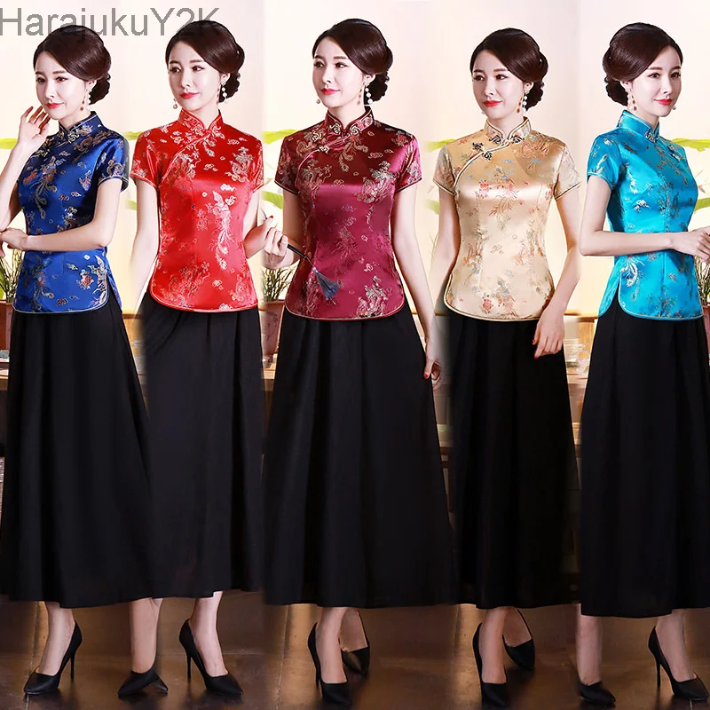 Top Trends: Chinese Traditional Summer Tops Women Silk Satin Shirt Dragon And Phoenix Embroidery Blouse Festival Costume Plus Size S To 4XL Shoppable Styles