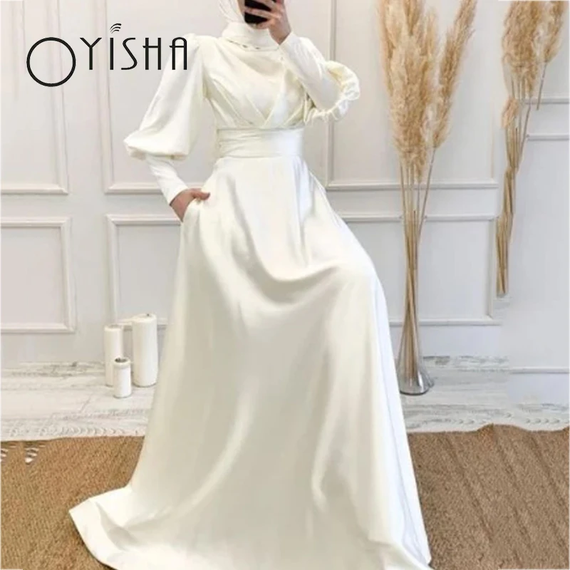 Top Trends: OYISHA 2023 Simple Satin A-Line Robe De Mariée Elegant High Neck Lantern Sleeves Bridal Gowns Muslim Wedding Dresses For Brides Shoppable Styles