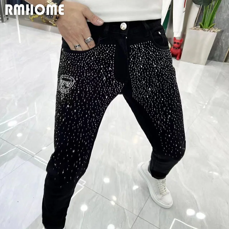 Top Trends: Men's Black Jeans Luxury Rhinestone Design New Style Slim Male Pencil Pants All Seasons Popular Handsome Trousers Man Clothing Shoppable Styles