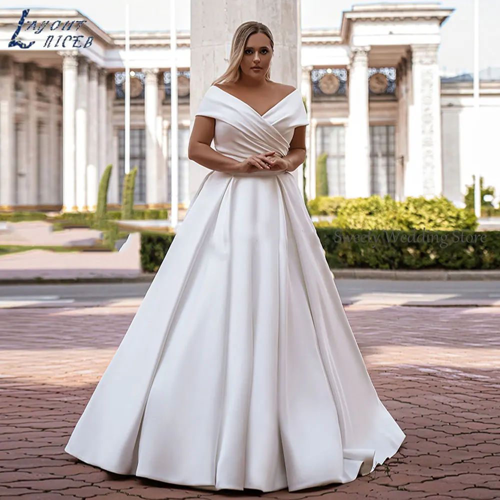 Top Trends: LAYOUT NICEB Simole Plus Size Satin Bridal Gowns Elegant V-Neck Off Shoulder Wedding Dresses Lace Up Back Vestido De Noiva 2024 Shoppable Styles