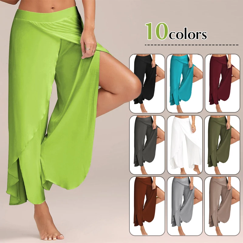 Top Trends: Summer Women Slit Flared Palazzo Trousers Wide Leg Pants Chiffon Side Split Casual Loose Pants Elegant Lady Harem Yoga Pants 5XL Shoppable Styles